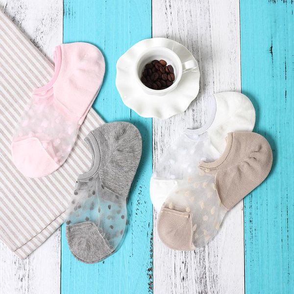 

pair glass silk crystal women boat socks fashion polka dot card shallow mouth ladies invisible & hosiery, Black;white