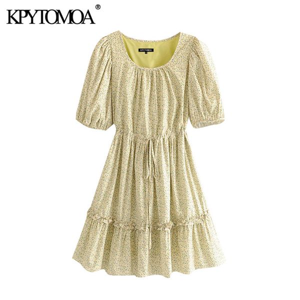 

women chic fashion floral print ruffled mini dress vintage drawstring tied with lining female dresses vestidos 210416, Black;gray