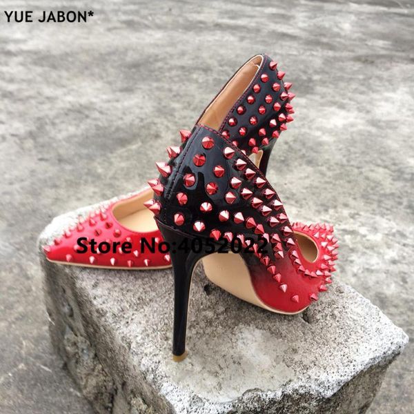 

dress shoes yue jabon spike heels red patent leather stiletto pumps rivets studs lady thin high party shoe, Black