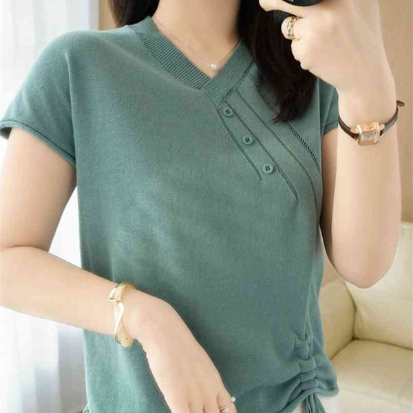 

t-shirt women summer v-neck cotton sweater solid color casual plus size 's clothes tees slim knit 210708, White