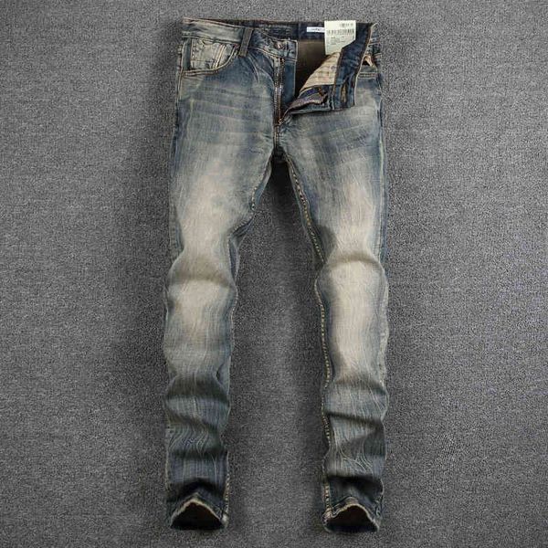 

jeans italian style fashion retro wash elastic cotton slim denim pants vintage designer jeans men long trousers, Blue
