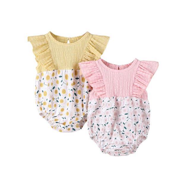 

jumpsuits baby sunflower print short romper, girls sleeveless o-neck stretchy jumpsuit with ruffles, Blue
