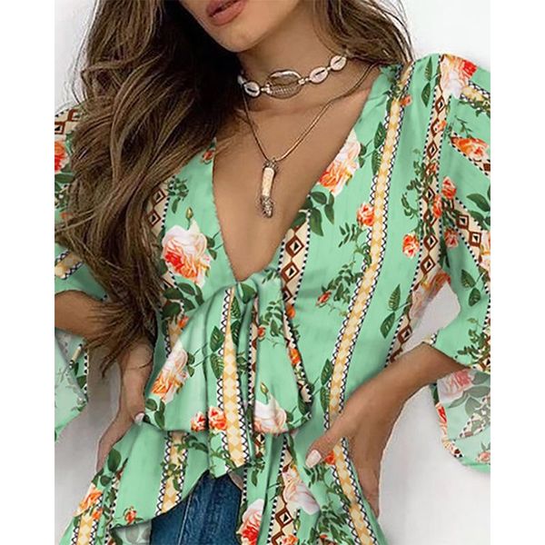 

women's blouses & shirts floral printed v-neck bow tie retro female irregular five-quarter sleeve streetwear casual, White