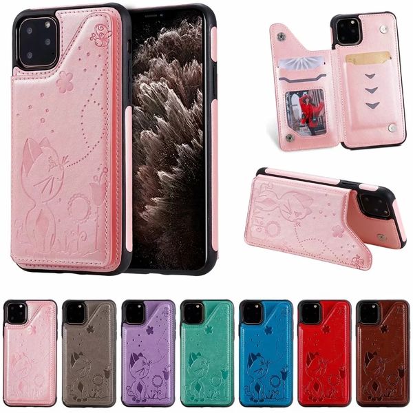 Custodie per telefoni antiurto per iPhone 13 12 11 Pro X XR XS Max 7 8 Plus Custodia protettiva con cavalletto in pelle PU con stampa gatto e ape con slot per schede