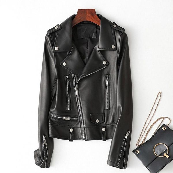 

women's leather & faux white real motorcycle jacket women short slim genuine coat lady streetwear sheepskin clothes female, Black