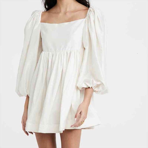 

casual sweet white loose womens dress mini lantern sleeve square collar backless elegant autumn for women, Black;gray
