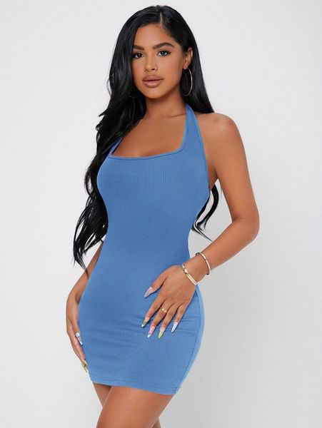 

petite solid halter neck backless bodycon dress 859i#, Black;gray