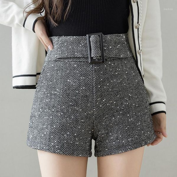 

women's shorts women woolen elegant straight leg autumn winter female 2021 korean fashion high waist casual bodycon, White;black