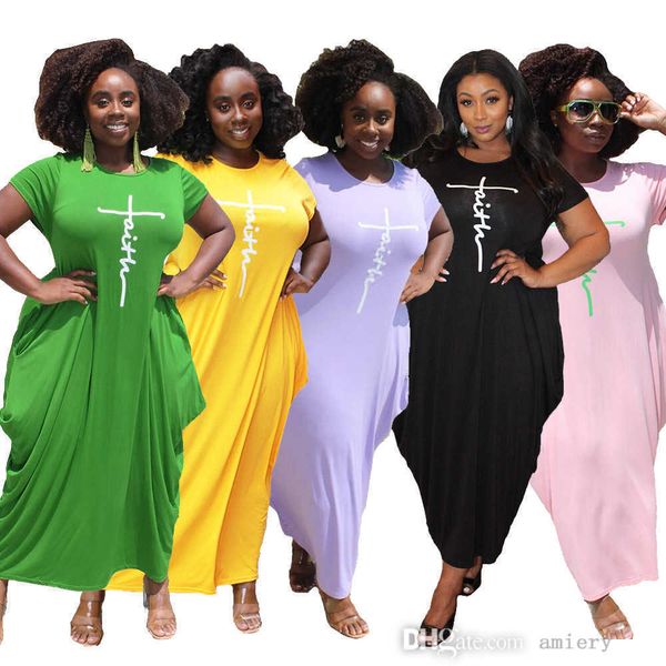 Yaz Kadın Artı Boyutu Uzun Maxi Elbise Tasarımcısı 2021 Moda Düz Renk Mektup Baskılı Yuvarlak Boyun Kısa Kollu Düzensiz Gevşek Elbiseler L-5XL