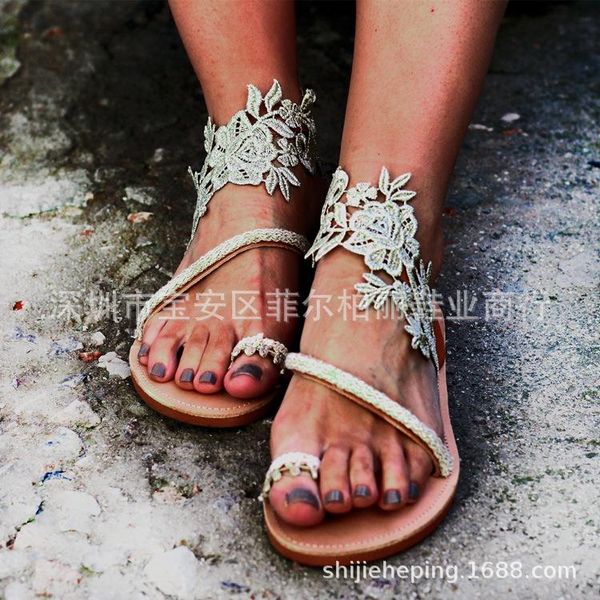 

floral rome women gladiator flat sandals leisure embroider summer beach ankle strap shoes, Black