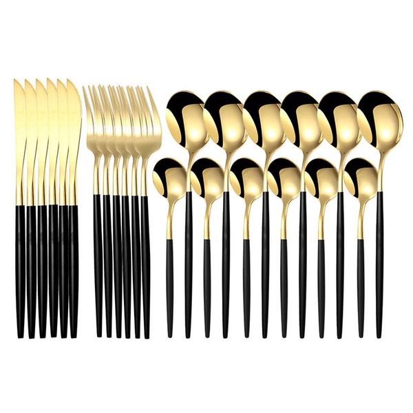 

24pcs/set stainless steel dinner black gold dinnerware set knife fork coffee spoon cutlery kitchen tableware silverware sets