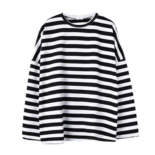 

autumn black and white stripes women loose long round neck collar pullover clothes