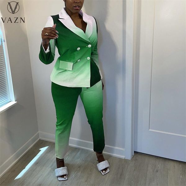 

women's two piece pants vazn 2021 fashion women high street style long sleeve lapel single-breasted elastic printed sets, White
