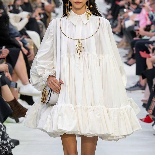 

women's blouses & shirts 2021 summer and autumn turn-down collar lantern full sleeves pleated a-line knee length white dresses v784