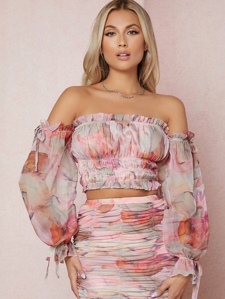 

off shoulder flounce sleeve ruched chiffon 71yl#, White