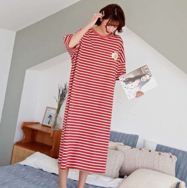 

women's sleepwear summer stripe cotton nightdress spring and fruit long cute short sleeve korean loose pregnant pajamas ozup, Black;red