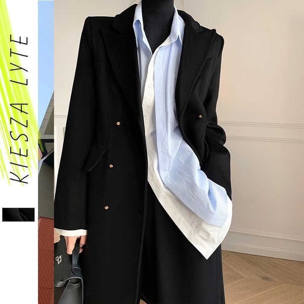 

luxury black woolen overcoat women's winter golden button thick loose quilted long jacket coat outerwear 210608