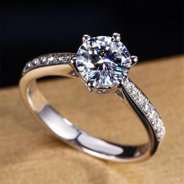 

wedding rings classic six prong crown opening adjustable ring 8mm round white cz stone engagement promise for women jewelry gift, Slivery;golden