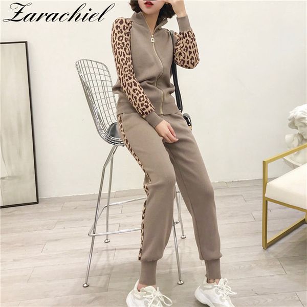 

leopard jacquard tracksuit jacket trousers sets women slim long sleeve zipper cardigan+pencil pant suit 2 piece set 210416, White