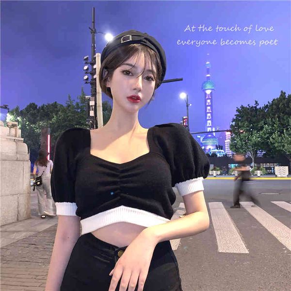 

summer back hollow out short sleeve puff knitted t shirts womens tee shirt femme (r98253) 210423, White