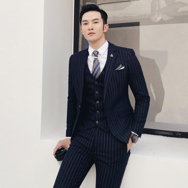 

men's suits & blazers 2021 men simple stripe pattern suit youth wedding clothing leisure terno masculino classic male social three piec, White;black