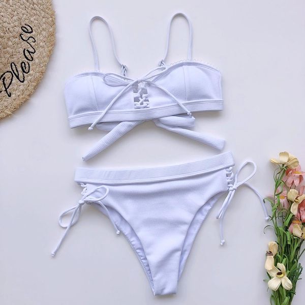 

bla lace up bikini set ribbed bathing suit woman swimsuit female high cut swimwear women 2021 fashion summer bathers biquiniby
