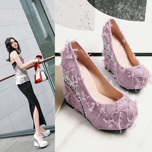 

dress shoes 2021 est super high heel wedges platform women spring summer party prom round toe pumps, Black