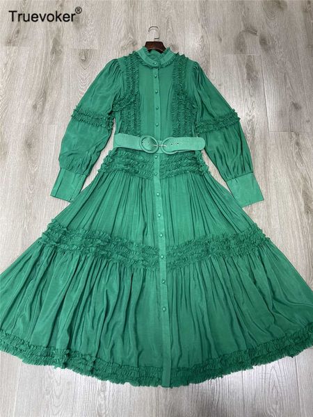 

truevoker european high street cottagecor dress lady lantern sleeve green ruffle frill belted midi long party robe 210602, Black;gray