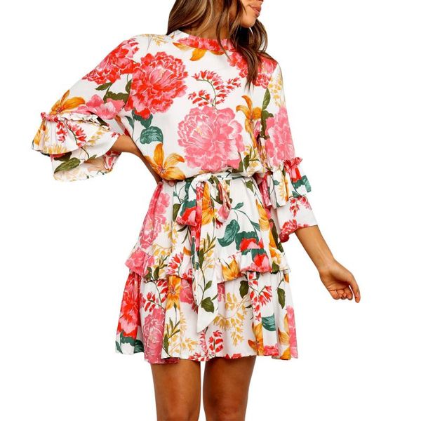 

woman summer dress mock neck tie waist short ruffle swing mini high waisted lovely print casual dresses, Black;gray