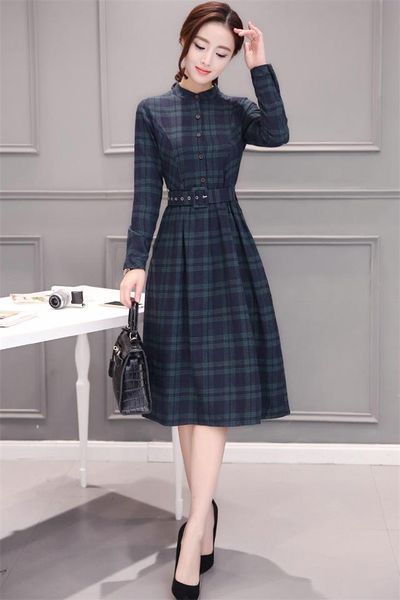 

spring and autumn women long-sleeved shirt-style dress in the long section of korean waist fashion lattice large swing casual dresses, Black;gray