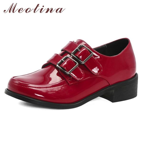 

dress shoes meotina high heels women patent leather thick casual buckle round toe pumps ladies spring red large size 33-45, Black