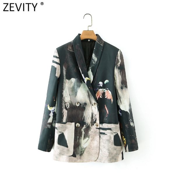 

zevity women vintage tie dyed printing back striped patchwork fitting blazer coat office ladies double breasted chic ct671 210419, White;black