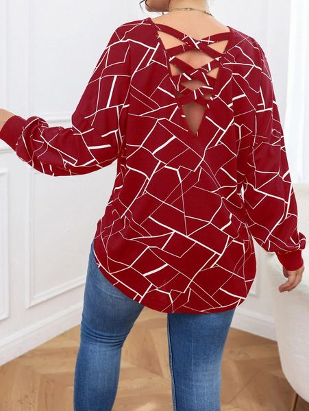 

plus geo print criss cross curved hem sweatshirt q1pu#, Black