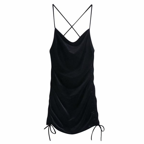 

puwd woman black slim pleated spaghetti strap mini dress fashion spring backless elasticity female party 210522, Black;gray