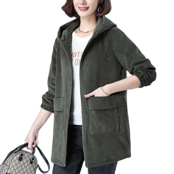 

women's jackets corduroy jacket 2021 autumn casual hooded coat middle aged mother crduroy windbreaker overcoat plus size 5xl q86, Black;brown