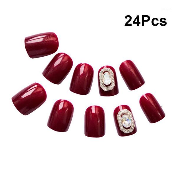 

24pcs diy false nail tips full cover creative fake nails for girls (red)1, Red;gold
