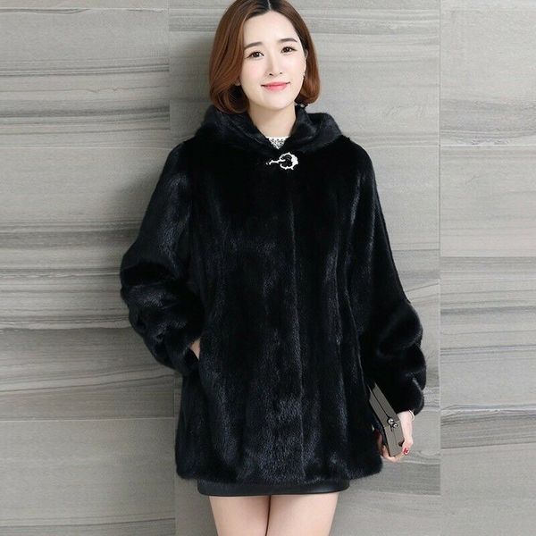 

haining coat women's medium length autumn and winter thickened large imitation mink hooded coat women look thin, Black