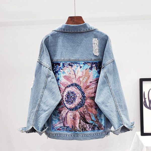 

women's jackets print denim jacket coat streetwear style diamonds hole bf jeans outwear female spring autumn casual pocket loose cowboy, Black;brown