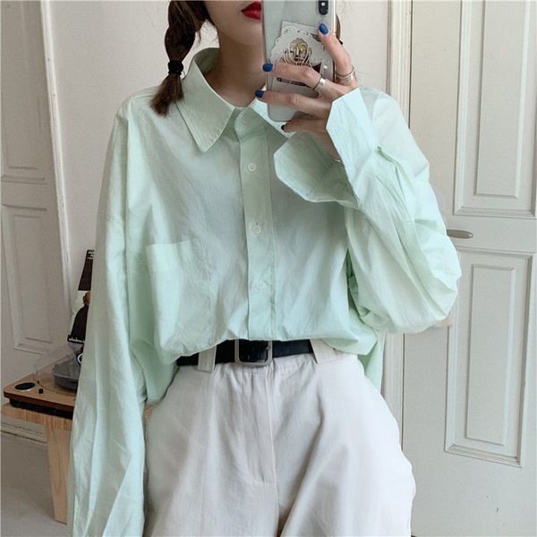 

fresh women green casual solid brief girls all-match autumn chic stylish office lady loose shirts 210421, White