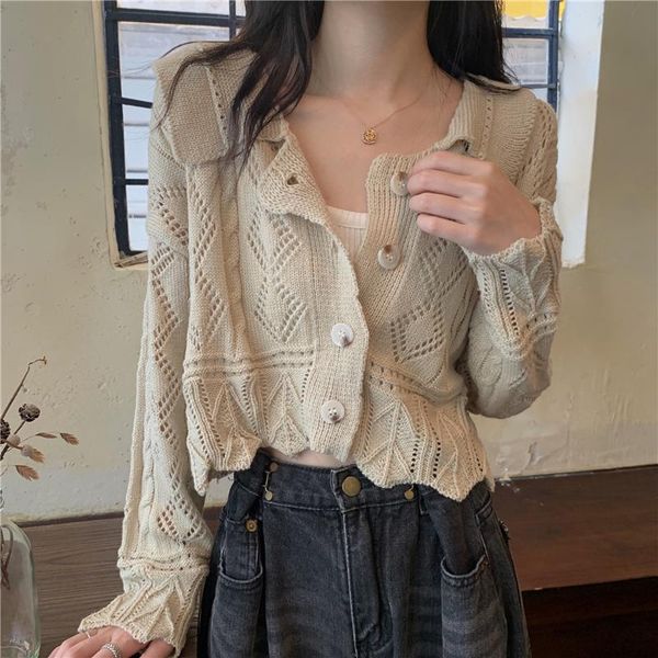 

women's knits & tees small sweater cardigan coat short loose and lazy style 2021 spring autumn openwork knitted top, White