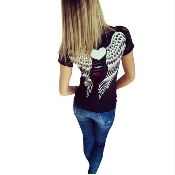 

back hollow angel wings summer womens style lace short sleeve clothing, White