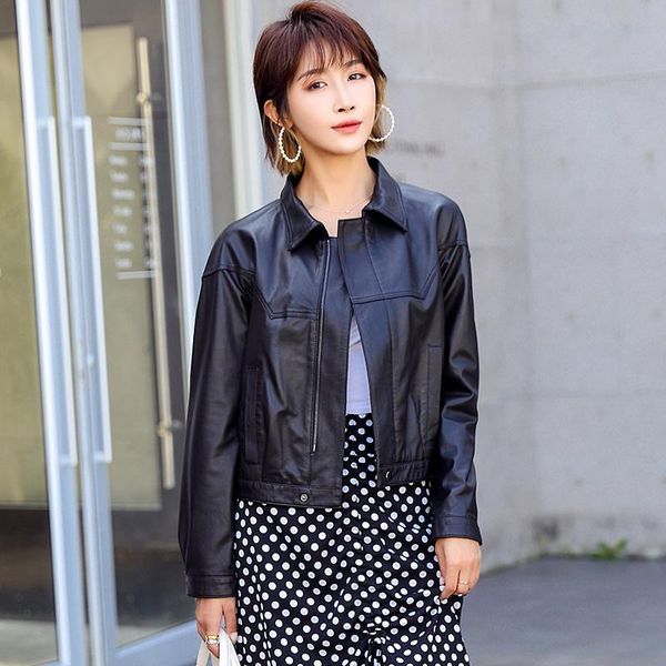 

women's leather & faux ptslan 2021 female natural genuine sheepskin jacket lady's lambskin coat jackets classic p5272, Black