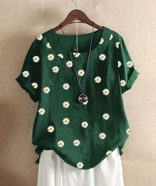 

women's t-shirt summer daisy print short sleeve cotton hemp wear 0i16, White