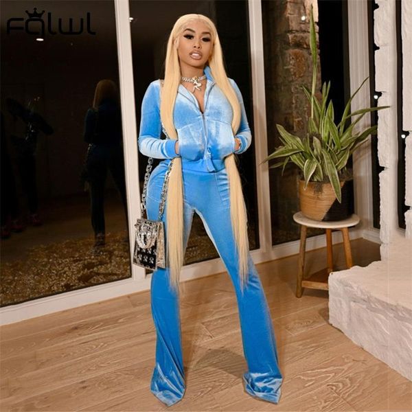 

women's two piece pants fqlwl streetwear velvet 2 sets tracksuit women outfits zipper crop flared suits black sporty matching, White