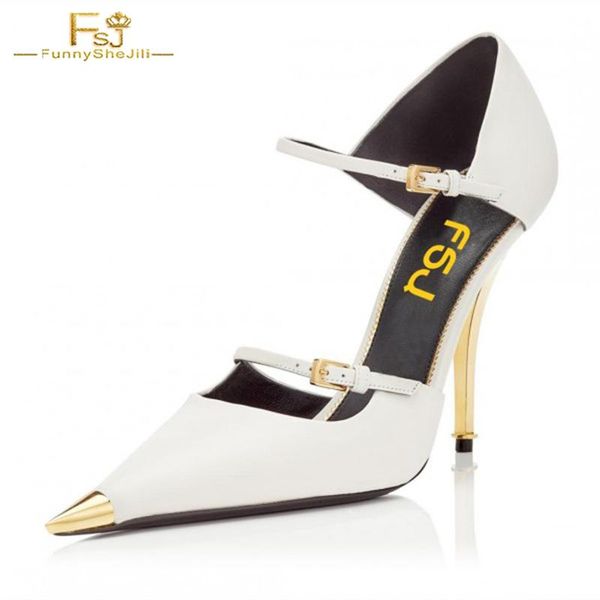 

dress shoes fsj elegant white two straps stiletto heels women pumps formal gold pointy toe cut out office ladies 2021 autumn, Black