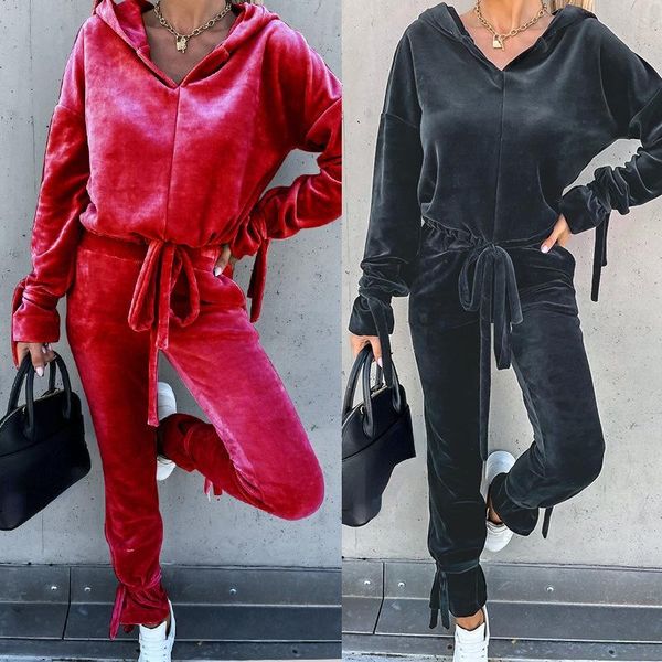 

women's two piece pants autumn gold velvet set women fashion v-neck hoodie tether casual sportswear long sleeve tracksuit solid color, White