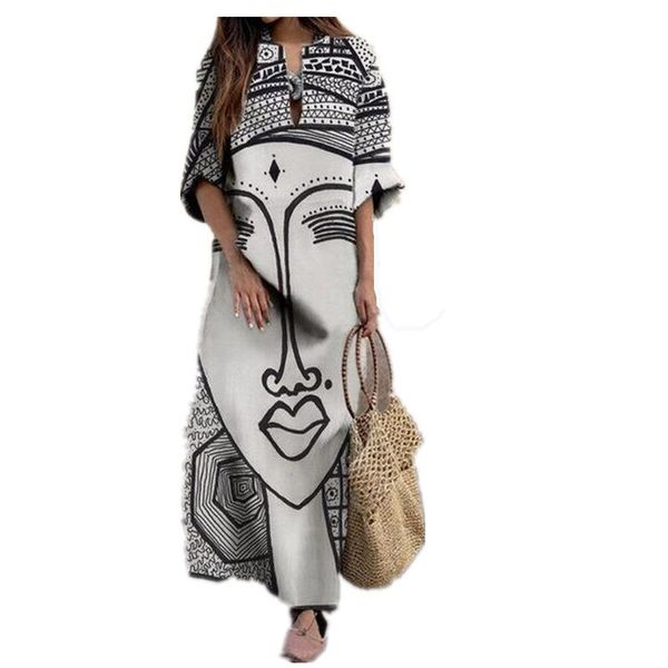 

casual dresses yshunij 2021 spring and summer women's european american fashion face printing loose large size dress, Black;gray
