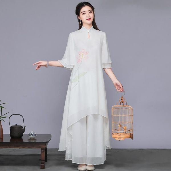 

ethnic clothing women's chinese style tang suit fashion literary chiffon retro tea zen dress long skirt cheongsam dance, Red