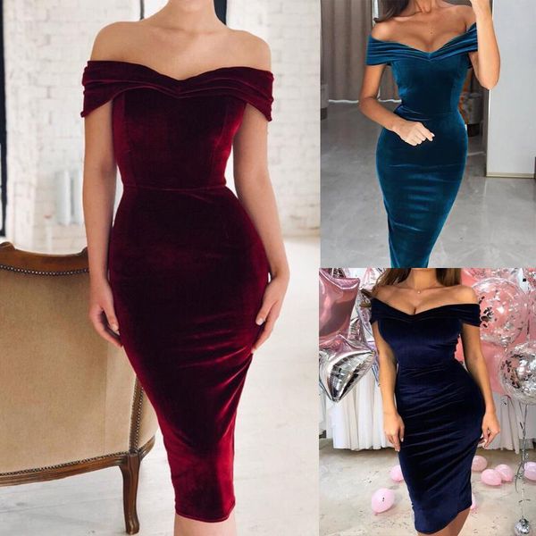 

casual dresses bodycon women fashion slim party off shoulder v-neck ladies solid color formal dress clothing, Black;gray