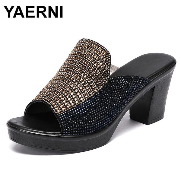 

slippers yaernisummer rhinestone genuine leather shoes | summer 2021, women's slippers, comfortable heels, non-slip,, Black